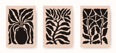 Soyut çiçek posterlerinin vektör seti. Çiçekli duvar sanatları, hippi yaprakları ve Matisse modern kesim tarzıyla modaya uygun minimalist botanik duvar sanatları. Saf, modaya uygun, acayip çizimler.