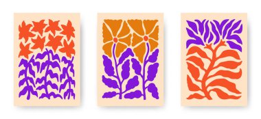 Soyut çiçek posterlerinin vektör seti. Çiçekli duvar sanatları, hippi yaprakları ve Matisse modern kesim tarzıyla modaya uygun minimalist botanik duvar sanatları. Saf, modaya uygun, acayip çizimler.