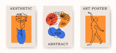 Soyut trend çizgisi, kadın vücut figürü ve çiçek kompozisyonlarıyla yüzleşen kadın figürleri. Baskı ve kapak için estetik yaratıcı çiçek çizimleri ve sanat posterleri