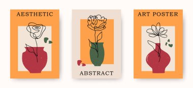 Vazolarda soyut çiçekler çizen bir çizginin vektör kümesi. Yaratıcı logo, simge, amblem, baskı, duvar dekorasyonu için el çizimi modern minimalist poster tasarımları
