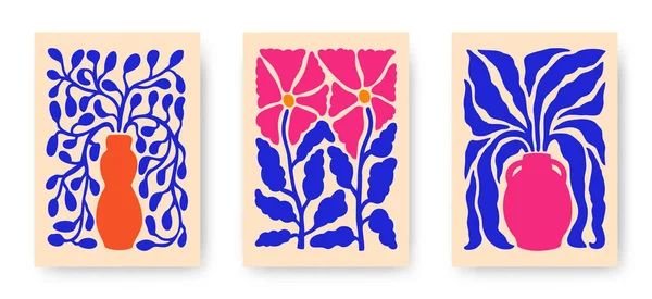 一套抽象的花朵招贴画 时尚的简约美学植物墙艺术与花卉植物 叶在嬉皮士和马蒂斯现代剪裁风格 幼稚而时髦的图例 — 图库矢量图片