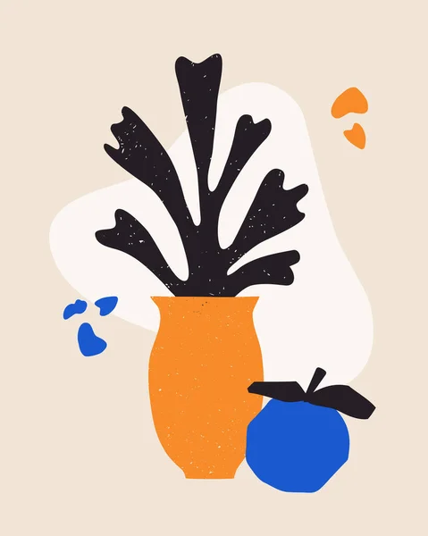 带有花珊瑚和苹果的水壶的矢量流行海报 风格简约美观 花色平坦的马蒂斯受到启发 为印刷品 墙面艺术海报 拼贴画制作了简洁的插图 — 图库矢量图片