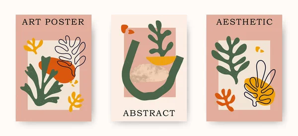 矢量现代抽象的当代美学海报集几何平衡形状 植物珊瑚 时尚的本世纪中叶现代艺术插图 印刷品 Boho简约的墙面装饰 矢量图形