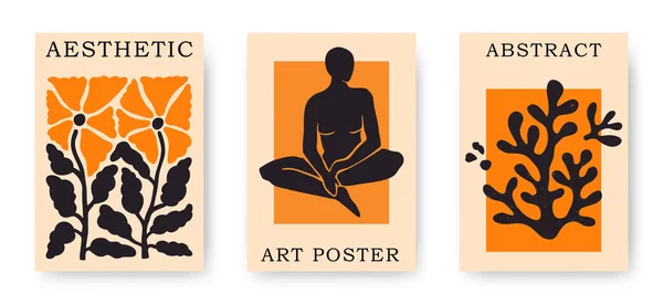 矢量集抽象流行的马蒂斯启发的女性身材各种姿势与几何图形花珊瑚切割组成 用于印刷 封面的美学创意插图和艺术海报 免版税图库插图