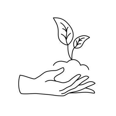 Vektör doğrusal simgesi - beyaz arkaplanda izole bir şekilde büyüyen bir bitki tutan insan eli. Ekolojinin amblemi ya da logosu, doğa korunması, çevre dostu, yeşil dünya, geri dönüşüm. Düzenlenebilir vuruş