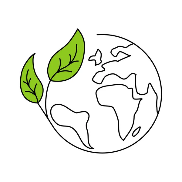 Ícone Linear Vetorial Planeta Terra Com Folhas Isoladas Sobre Fundo — Vetor de Stock