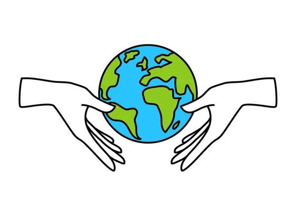 矢量线形图标 人的手握住地球隔离在白色背景 自然世界保护 生态友好 绿色世界 循环利用的概念标志或标志设计 可编辑笔划 — 图库矢量图片