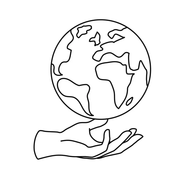 矢量线形图标 人的手握住地球隔离在白色背景 自然世界保护 生态友好 绿色世界 循环利用的概念标志或标志设计 可编辑笔划 — 图库矢量图片