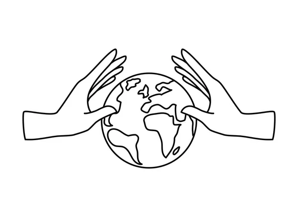 Vektor Linjär Ikon Mänsklig Hand Håller Jorden Isolerad Vit Bakgrund — Stock vektor