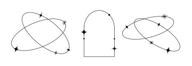 Doğrusal minimalist estetik çerçevelerin vektör kümesi ve yıldızlarla olan sınırlar. Yuvarlak, oval ve kemerli modern geometrik şekiller sosyal medya, dekorasyon, logo tasarım şablonları, planlar için parıltılı