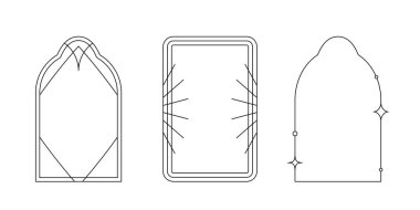 Doğrusal minimalist estetik çerçevelerin vektör kümesi ve yıldızlarla olan sınırlar. Sosyal medya, dekorasyon, logo tasarım şablonu için parıltılı sanat deco tarzında dikdörtgen, kemerli, modern geometrik şekiller
