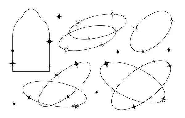 Векторный Набор Линейных Минималистических Эстетических Рамок Границ Звездами Круглые Овальные Стоковый вектор