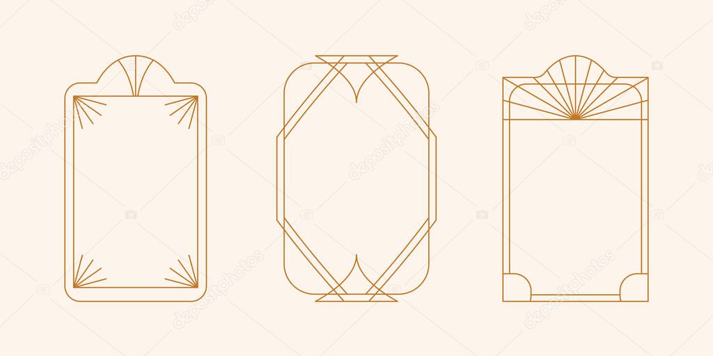Vector set of linear minimalistic aesthetic frames and borders with stars. Rectangular, arch modern geometric shapes in art deco style with sparkles for social media, decoration, logo design template