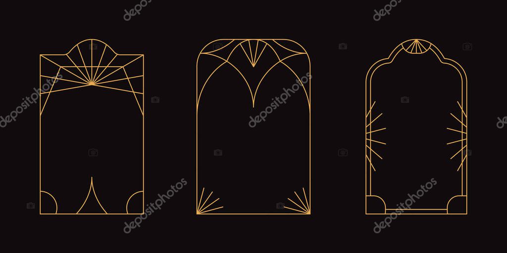 Vector set of linear minimalistic aesthetic frames and borders with stars. Rectangular, arch modern geometric shapes in art deco style with sparkles for social media, decoration, logo design template