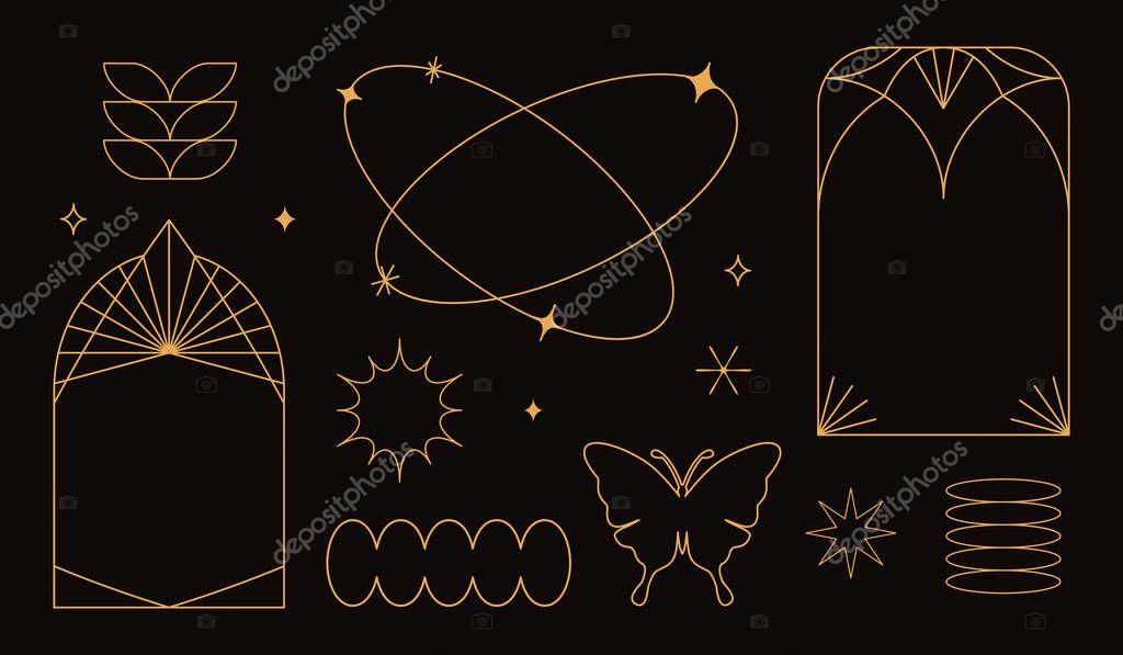 Vector set of linear minimalistic aesthetic frames, borders, geometric shapes with stars in boho and funky 2yk style. Rectangular, arch elements for social media, decoration, logo design template