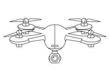 Fotoğraf, video izleme ya da dağıtım için kameralı kuadkopter hava aracının vektör illüstrasyonu doğrusal arkaplanda izole edildi