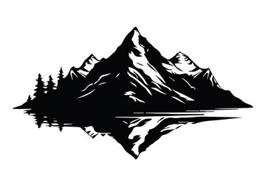 Kayalık dağların siluet arka planının vektör çizimi. Siyah beyaz çizim, simge veya logo manzarası