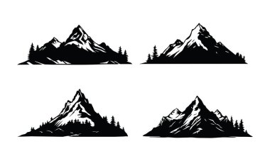 Kayalık dağların siluet arka planının vektör çizimi. Siyah beyaz çizim, simge veya logo manzarası
