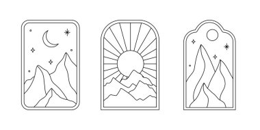 Dağlı, manzaralı, çöllü ya da denizli doğrusal boho çerçeveleri. Seyahat amblemleri, sosyal medya, davetiyeler, markalaşma, hikayeler için asgari bohem ve doğu tarzı semboller