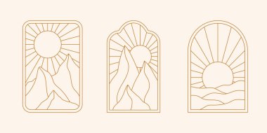 Dağlı, manzaralı, çöllü ya da denizli doğrusal boho çerçeveleri. Seyahat amblemleri, sosyal medya, davetiyeler, markalaşma, hikayeler için asgari bohem ve doğu tarzı semboller