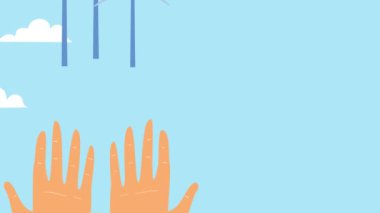 Dünya 'yı tutan ellerin, bulutların, rüzgar santralinin video animasyonu. Dünya Çevre Günü kavramı, Dünya 'yı Kurtarmak, sürdürülebilirlik, yenilenebilir rüzgar enerjisi kaynağı