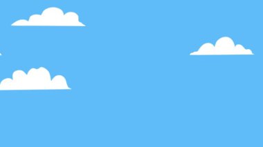 Mavi gökyüzünde uçan bulutların video animasyonu. Çizgi film düz stili