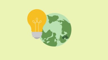 Dünya küresinin video animasyonu, ampul, Azalt, tekrar kullan, geri dönüşüm sembolü. Dünya Çevre Günü, yenilenebilir rüzgar enerjisi kaynağı, sıfır atık yaşam tarzı