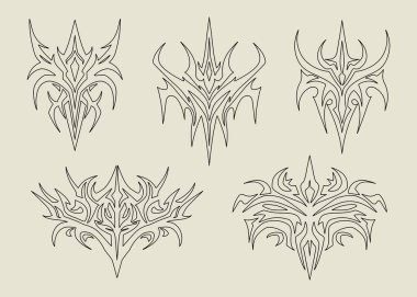 Soyut etnik Maori ya da Polinezya 'nın neo-kabile modayı 2k süsleme seti. Gotik fütürist grafik dövme elemanları koleksiyonu