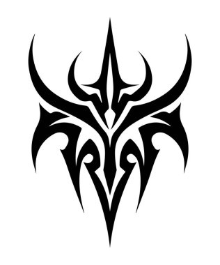 Beyaz arka planda soyut etnik Maori ya da Polinezyalı neo-kabile akımlı y2k süsü şekli var. Gotik fütürist grafik dövme elemanları koleksiyonu