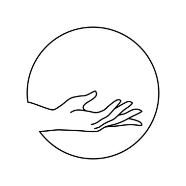 Vektör kadın el logosu en az doğrusal şekilde. Amblem, beyaz arka planda el hareketleriyle izole edilmiş sembol tasarım şablonu. Kozmetik, güzellik, dövme, spa, manikür, masaj için