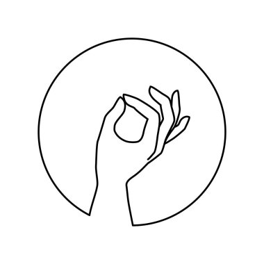 Vektör kadın el logosu en az doğrusal şekilde. Amblem, beyaz arka planda el hareketleriyle izole edilmiş sembol tasarım şablonu. Kozmetik, güzellik, dövme, spa, manikür, masaj için