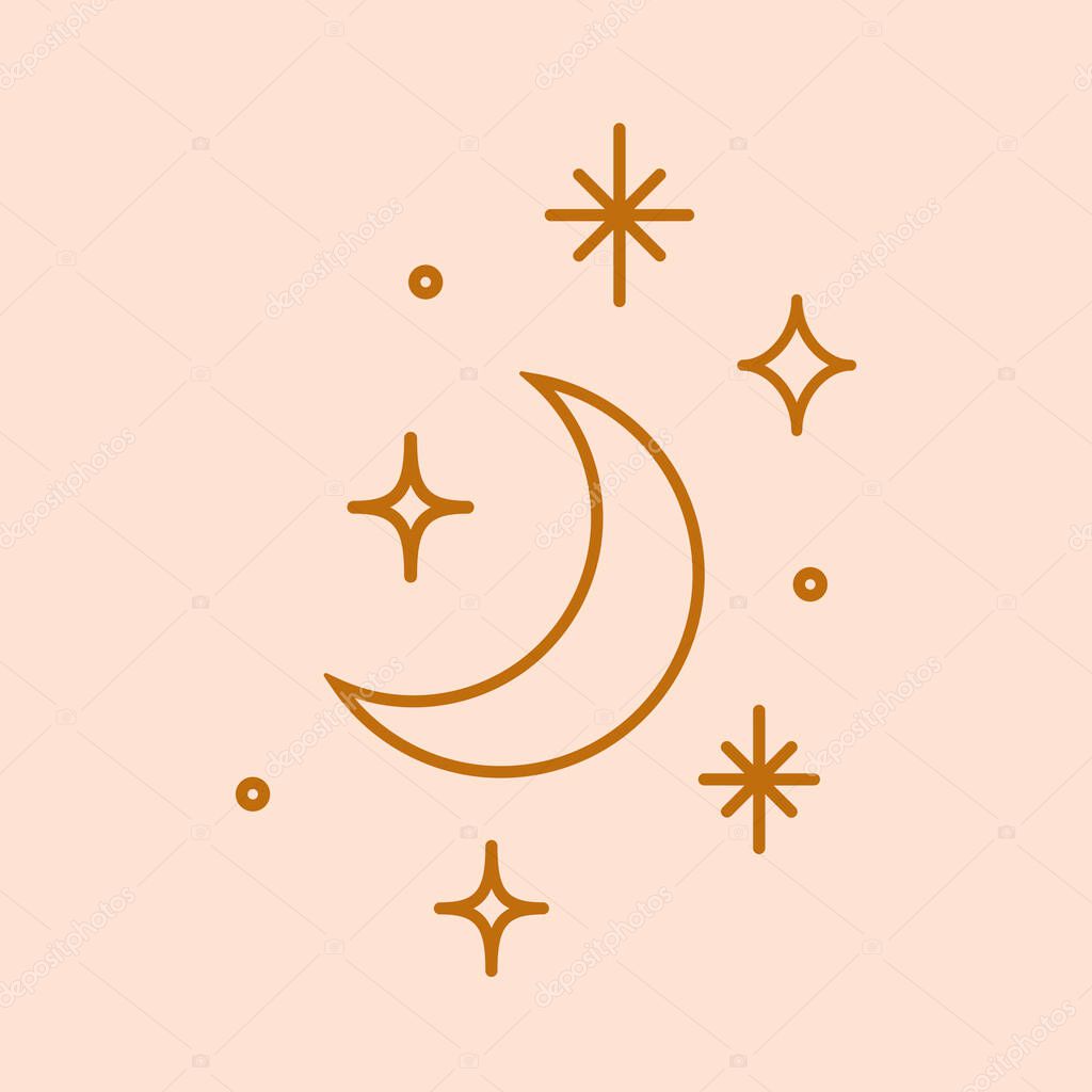 Vector illustration of moon and shining stars. Star icon, emblem of symbol in modern simple flat or boho style