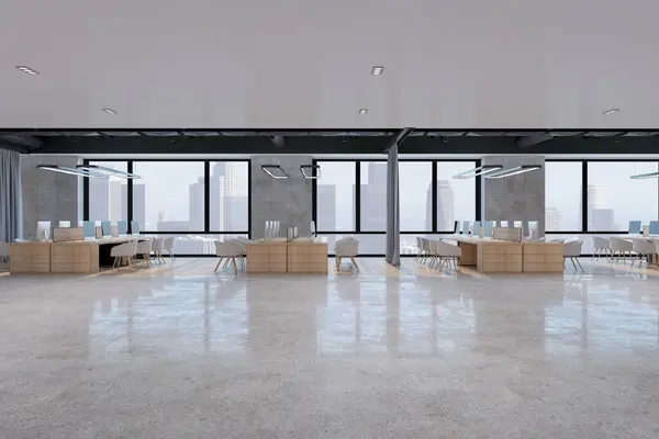 Contemporáneo Espacioso Interior Oficina Hormigón Coworking Con Muebles Cortinas Ventana —  Fotos de Stock