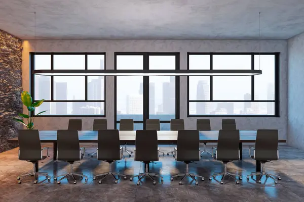 Front view on big dark table in the center of meeting room, surrounded by chairs and huge window with city view on background. 3D rendering