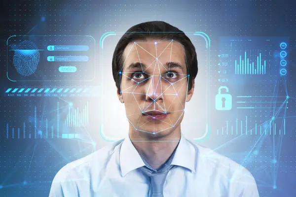 Sicherheitssystem Biometrie Und Gesichtserkennungskonzept Mit Digitaler Zugangsschnittstelle Und Jugendgesicht Doppelbelichtung — Stockfoto
