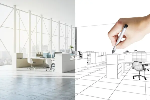 Design project development with 3D visualization of spacious sunlit coworking office with white furniture, concrete floor and huge window with city view and man hand drowning sketch