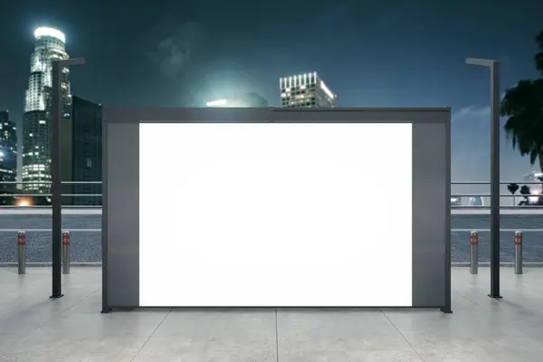 Empty white bus stop billboard on blurry night city background. Commercial and ad concept. Mock up, 3D Rendering