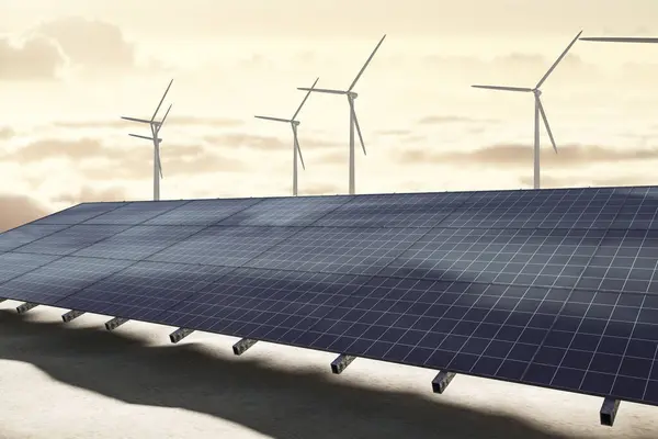 Creative solar panel and wind turbines on sky and fluffy clouds texture. Renewable energy and farm concept. 3D Rendering
