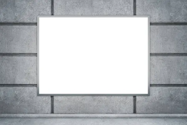 Abstract concrete tile wall with empty white frame and daylight. Ad, commercial and information concept. Mock up, 3D Rendering