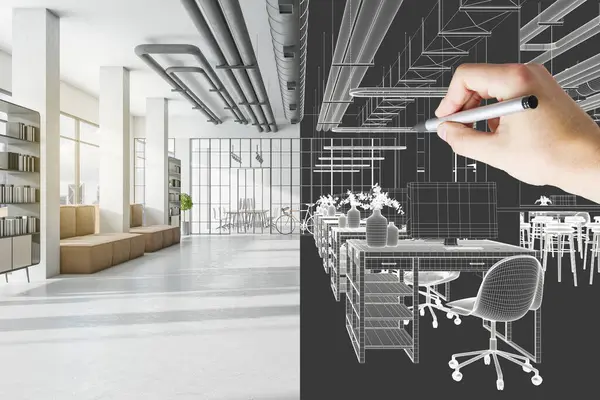Design project development with 3D visualization of sunny industrial open space office with sofa on concrete floor and lattice glass walls and man hand making sketch of workspaces and bicycle