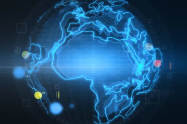 Afrika kıtasının soyut arkaplanda parladığı dijital grafik dünya haritası tasarım şablonu. 3B görüntüleme