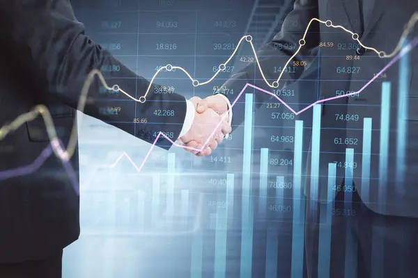 Side view of businessmen shaking hands with abstract glowing business chart with index and growth on blurry background. Finance, deal, teamwork, trade and market report concept. Double exposure