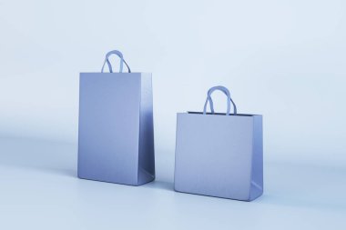 Arka planda iki boş mavi alışveriş torbası. Purcashe ve yer konsepti. 3B Hazırlama