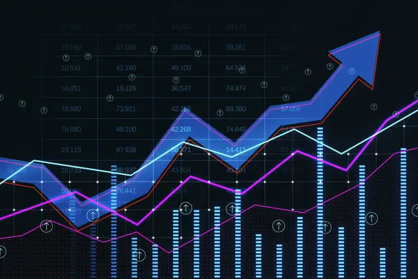 Abstract growing business arrow and chart on dark background with index. FInancial data, trade and market concept. 3D Rendering