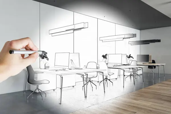 Hand drawn modern coworking office interior plan. Blueprint and workplace concept