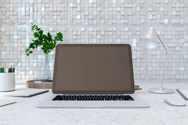 Close up of modern designer desktop with empty laptop screen, lamp, supplies various other objects and shiny light tile wall background. 3D Rendering
