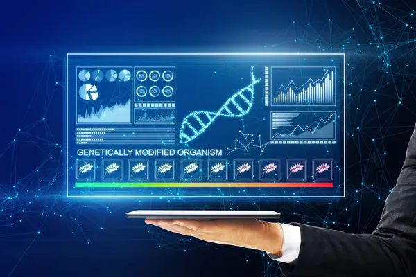 Science biology gene modifying concept. Close up of businessman hand holding tablet with holographic projection. Futuristic medicine research gene therapy health analysis laboratory chemistry illustration. Hologram on blurry blue background