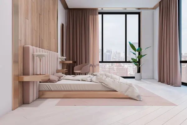 Contemporary wooden and concrete stylish hotel bedroom interior with window and city view. Design concept. 3D Rendering