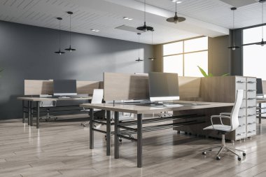 Luxury coworking office interior with window and city view, wooden flooring and sunlight. 3D Rendering clipart