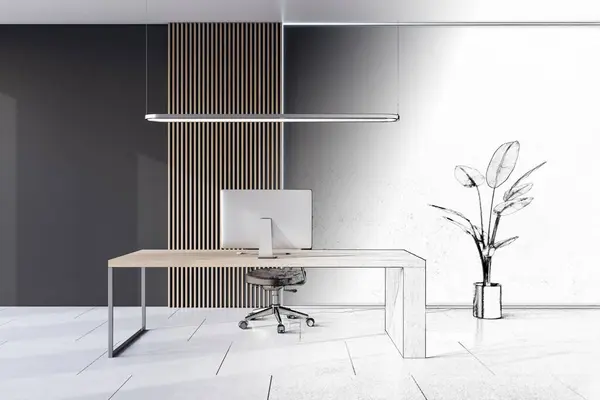 Light hand drawn office interior with equipment and furniture. Architecture and sketching concept. 3D Rendering